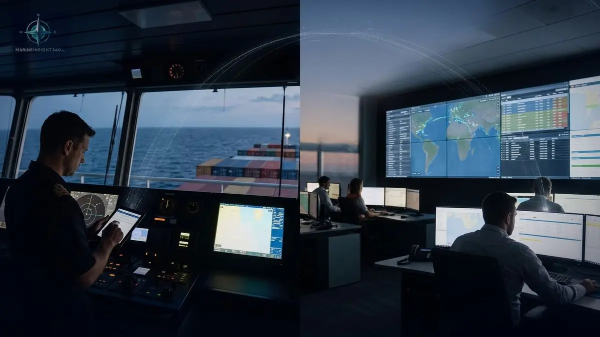 Ship's bridge console crowded with radar and chart screens, sunset over the sea through the windows