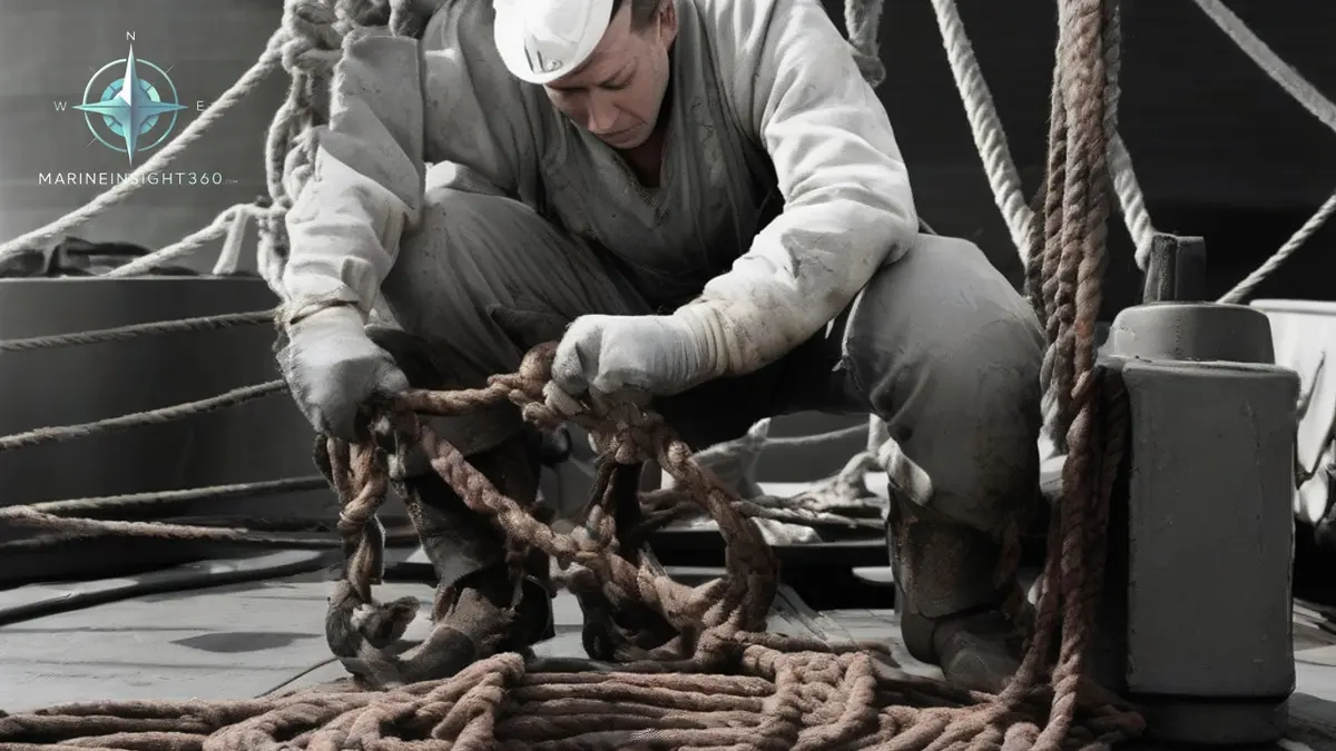 Able seaman handling a mooring line at the windlass on a merchant ship forecastle