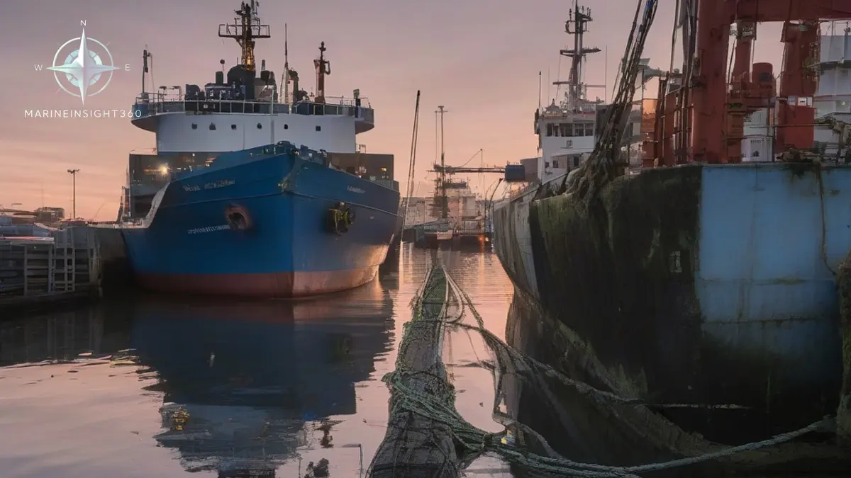 Idle cargo ship under arrest alongside a quiet quay at dusk with slack weed-covered mooring lines