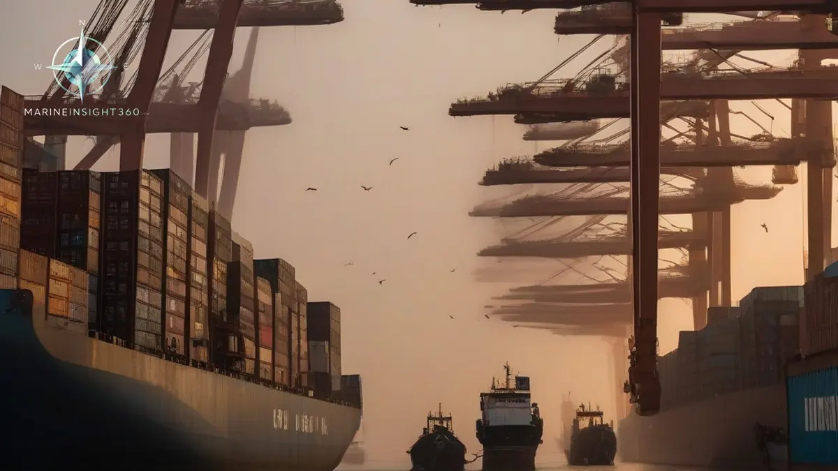 Container ship worked by quay cranes at a busy Indian west coast port at dawn