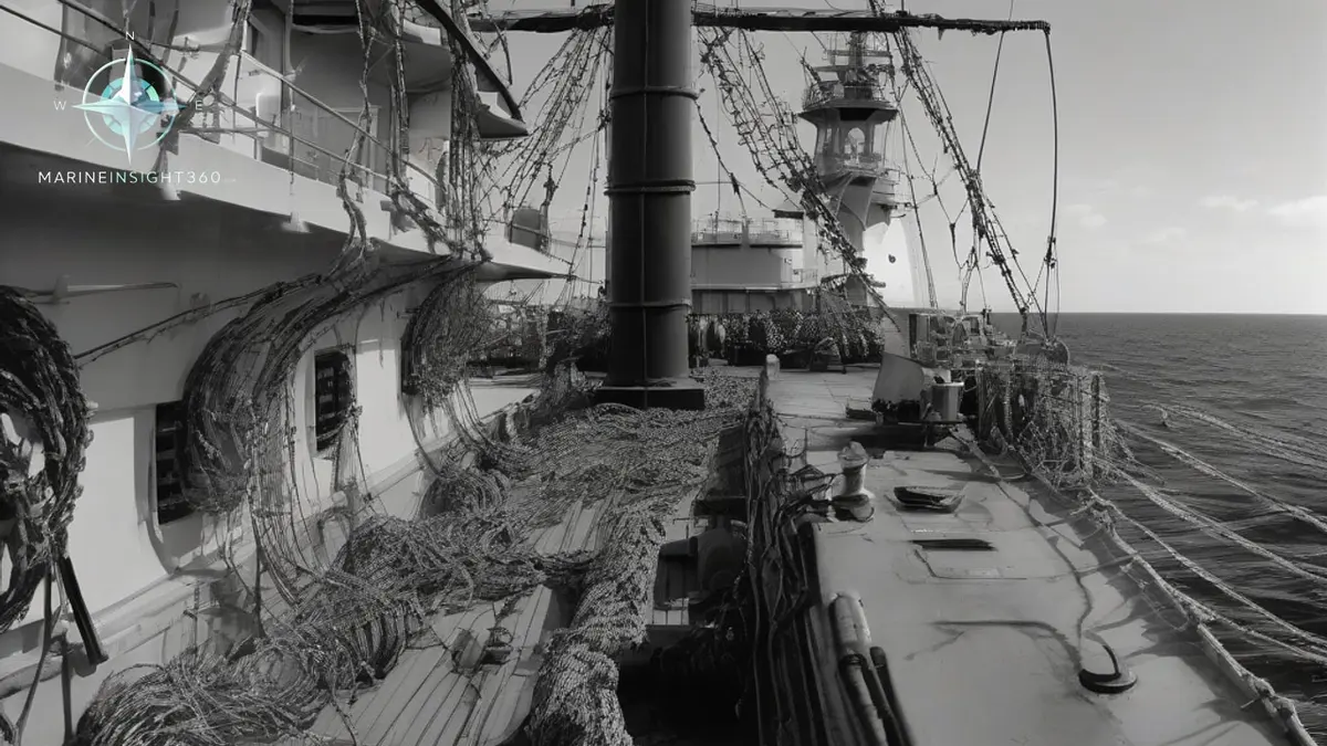 Razor wire and charged fire hoses rigged along a merchant ship's deck before a high risk transit