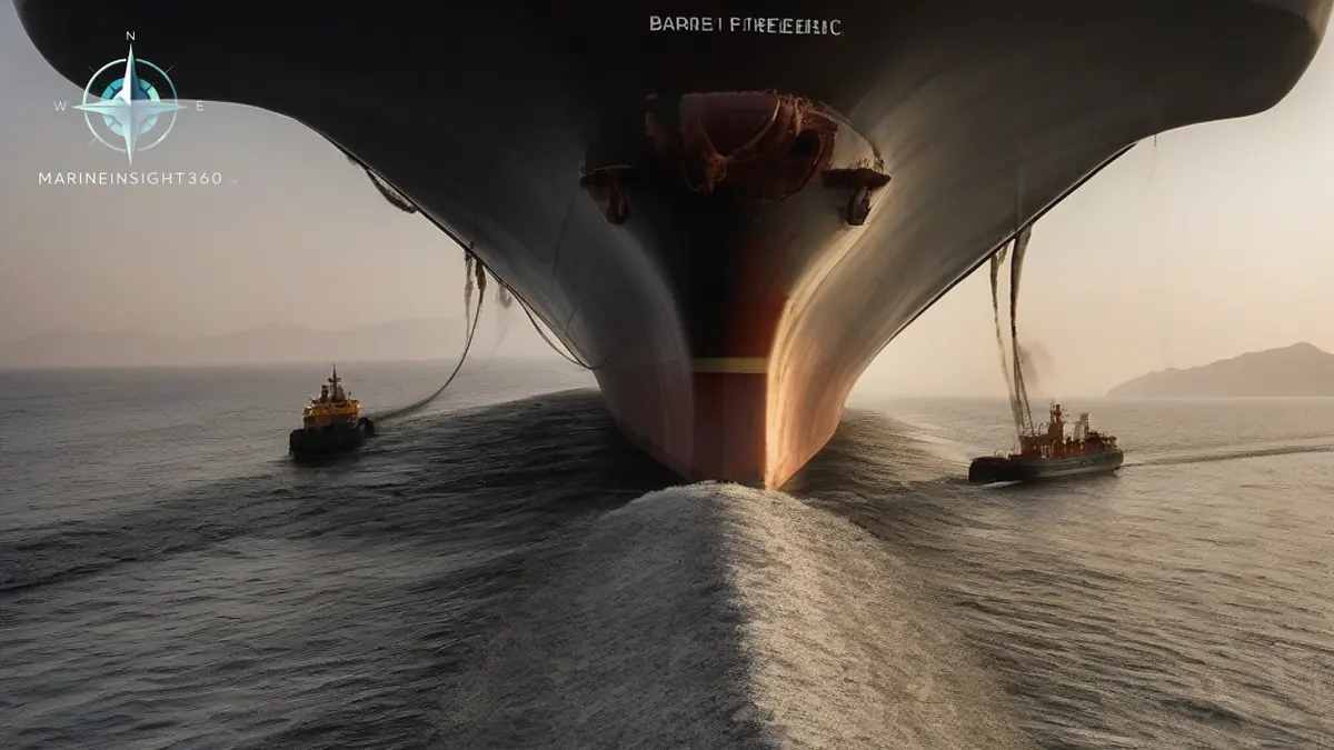 Laden crude oil tanker under way in the Strait of Hormuz with a naval patrol craft in the haze astern