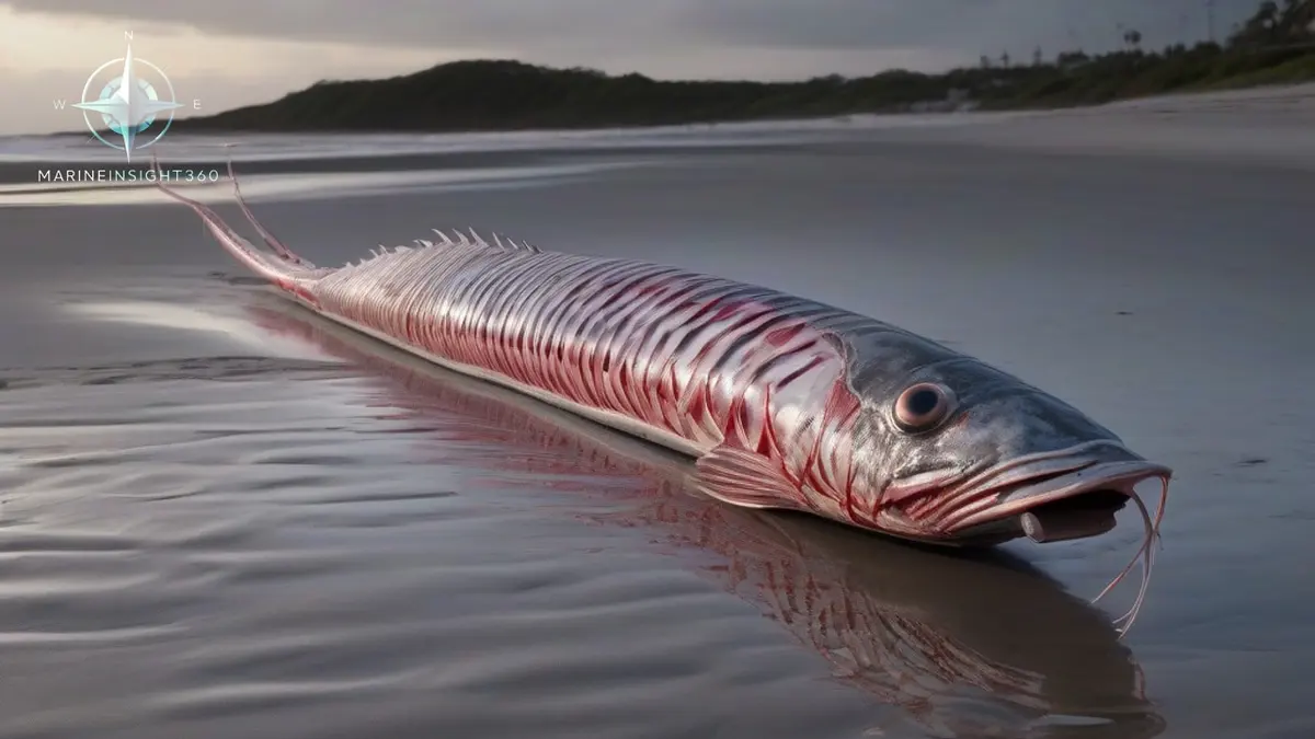 Giant silver oarfish with a red dorsal fin laid out on a beach at dawn as researchers steady it