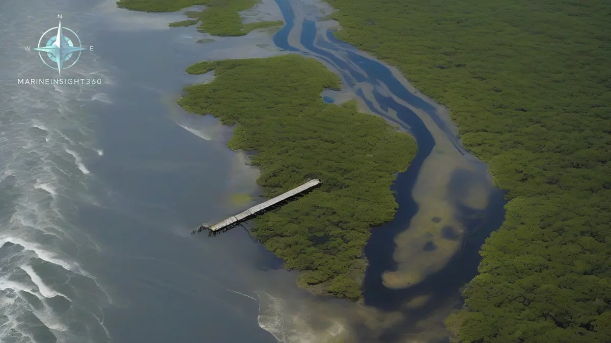 Plume of dark floodwater spreading from a river mouth into clearer coastal water after a hurricane