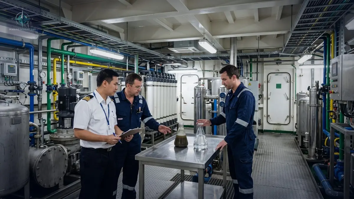 Large blue cylindrical tank ringed by brass pipework and railings inside a ship's machinery space