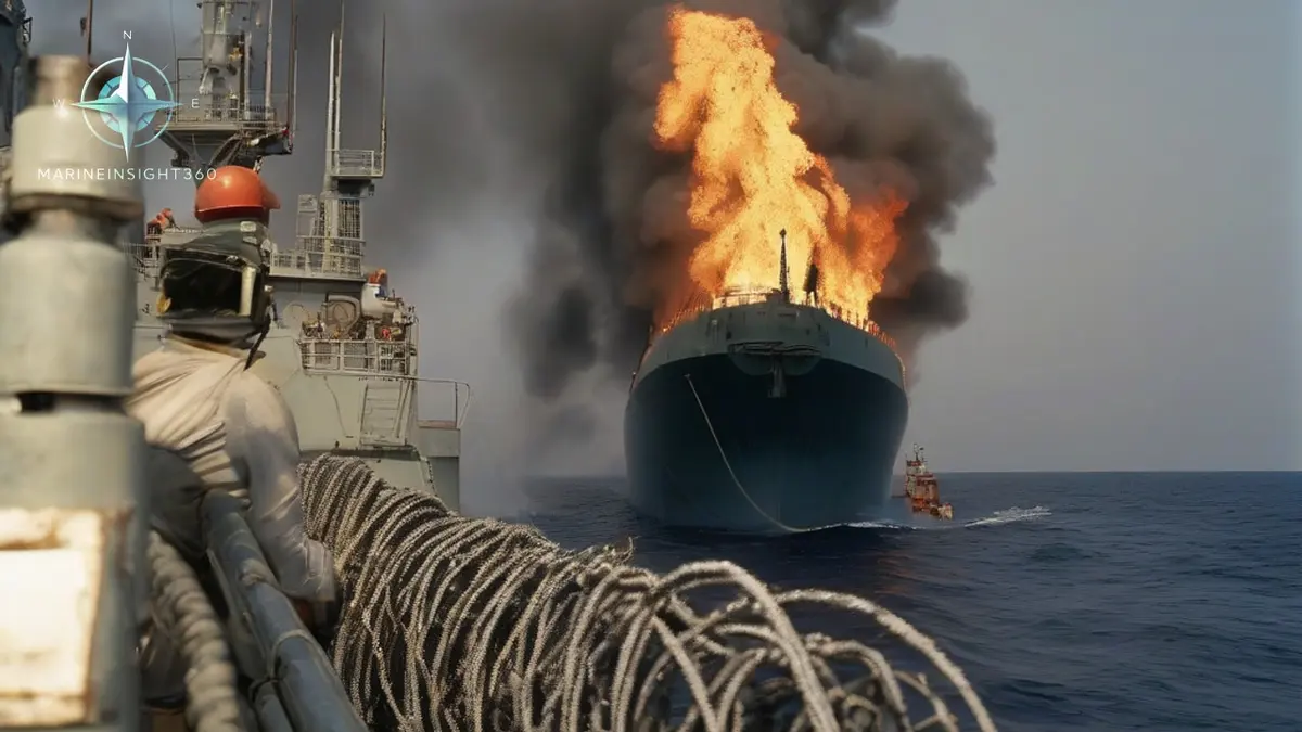Razor wire and fire hoses rigged on a tanker's rail off Yemen as crew watch a distant skiff