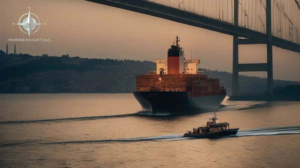 Loaded bulk carrier transiting the Bosphorus Strait at dawn with a pilot boat alongside