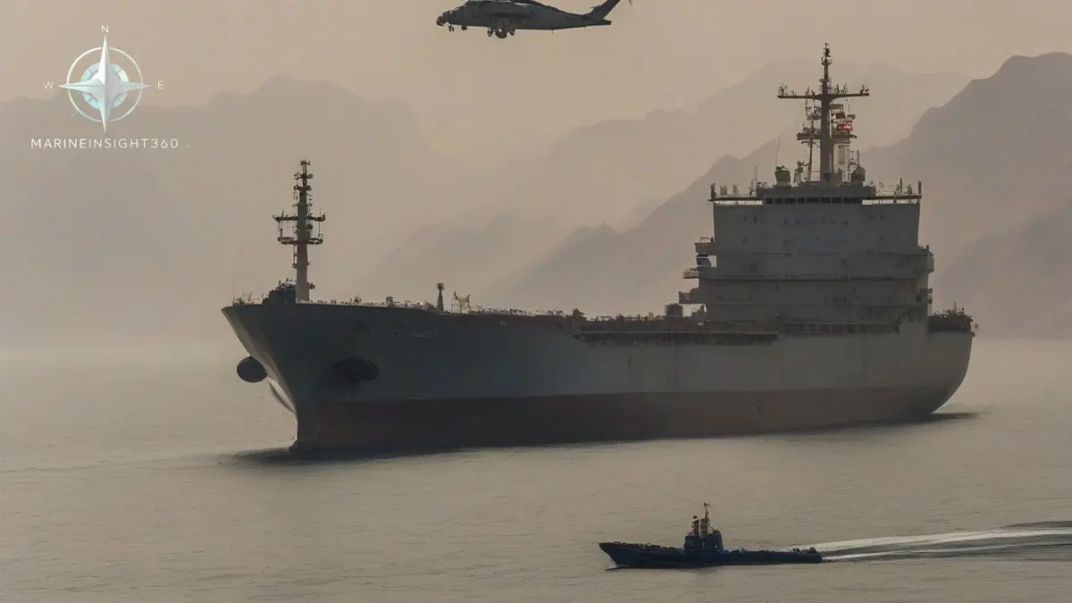 Product tanker escorted by a grey warship off the mountainous Omani coast near the Strait of Hormuz