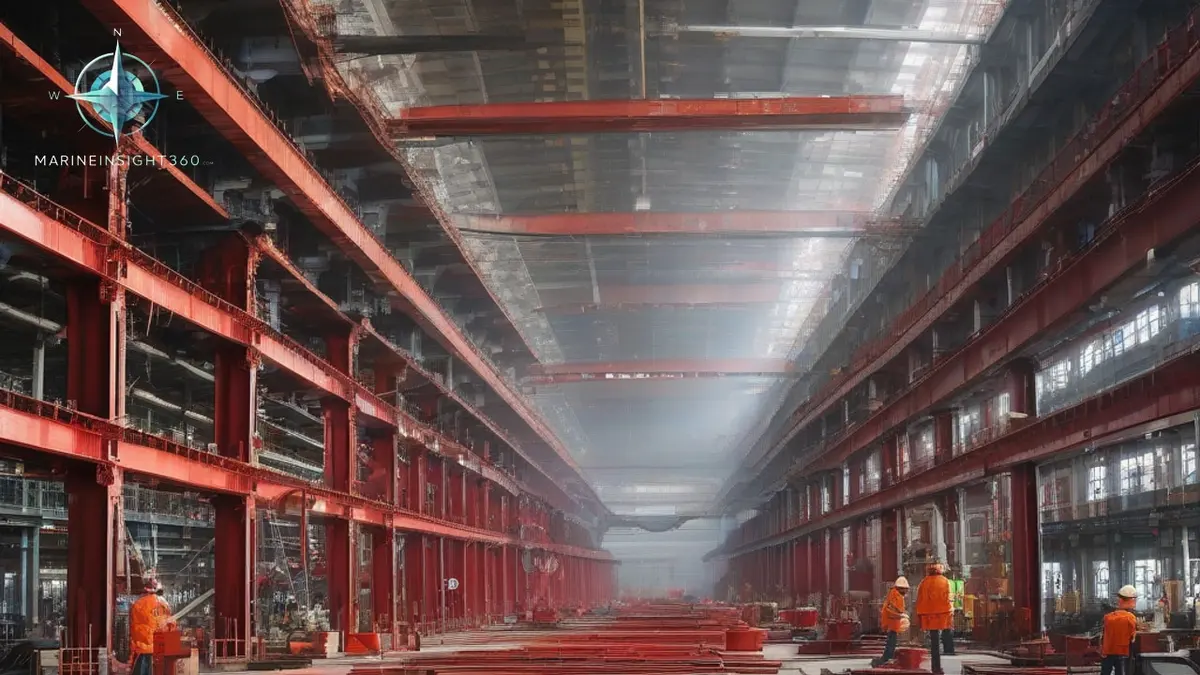 First hull blocks of a jack-up wind turbine installation vessel resting on keel blocks in a dock