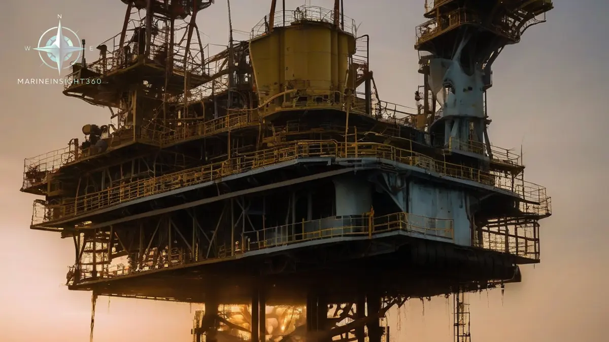 Unmanned offshore gas wellhead platform in the Gulf of Thailand seen from a standby supply vessel