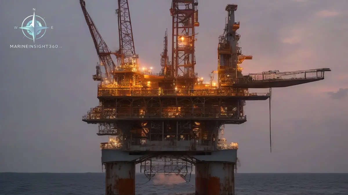 Offshore gas platform in the Gulf of Thailand at dusk with a support vessel standing by nearby