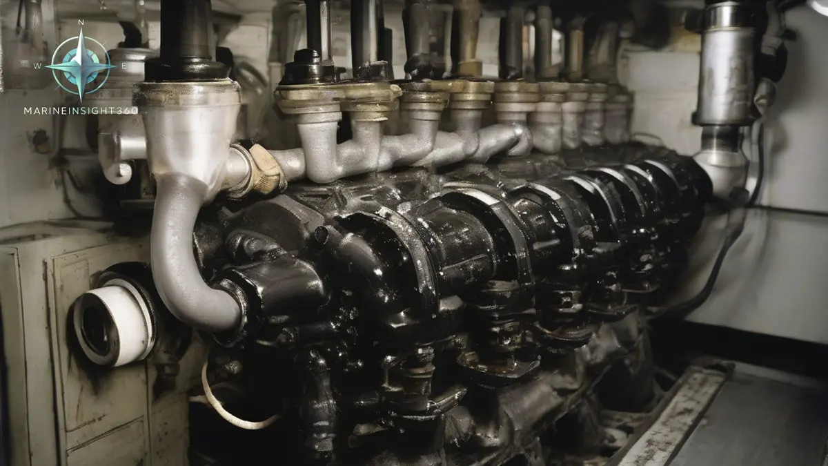 Fuel injector nozzles and a turbocharger nozzle ring caked with deposits beside a bunker fuel sample bottle