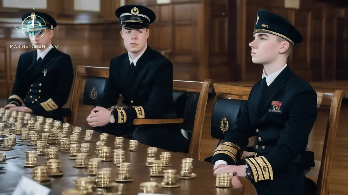 Cadets in dress uniform seated in an academy hall with brass trophies laid out nearby