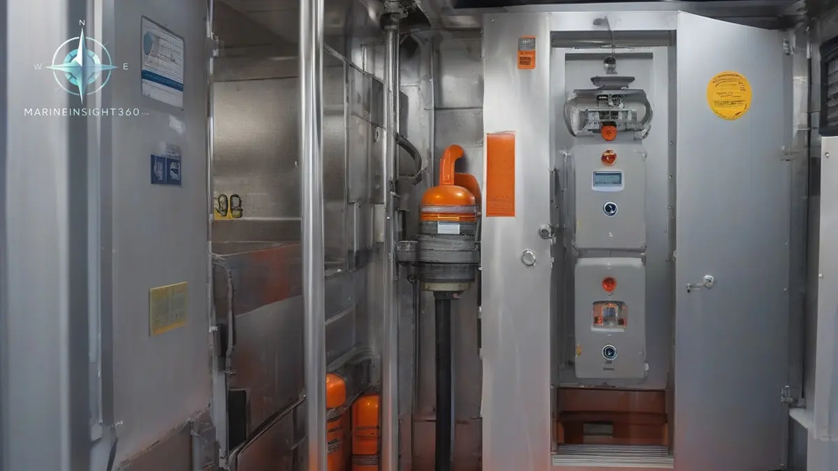Fuel cell racks and cryogenic hydrogen pipework in the machinery space of a small coastal ferry