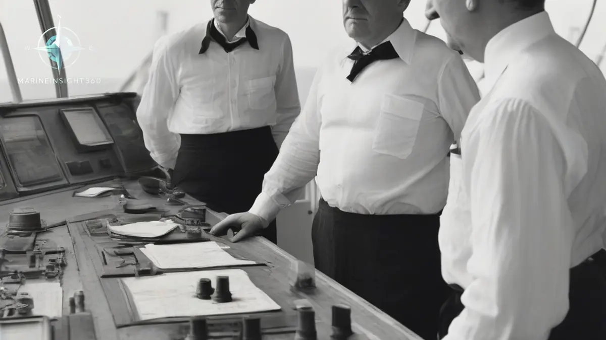 Ship's captain and chief engineer conferring over the chart table on a merchant vessel bridge