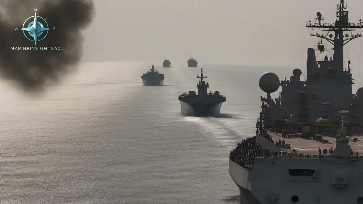 Very large crude carrier transiting the Strait of Hormuz shadowed by a distant grey navy frigate