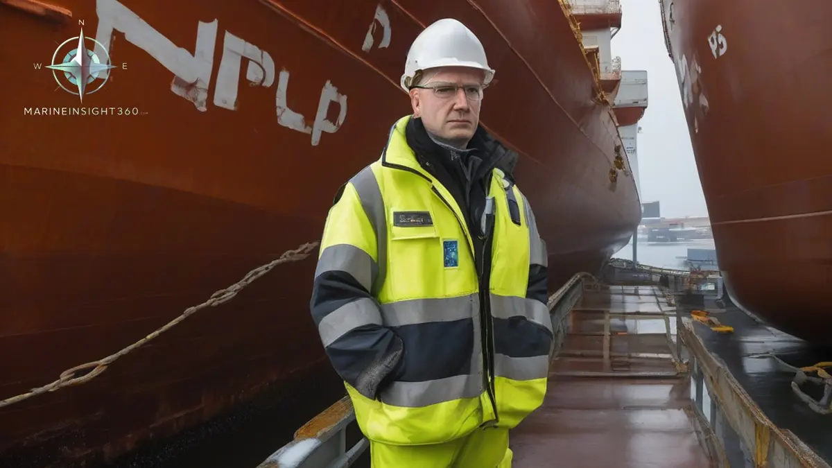 Port state control inspector in hi-vis climbing a bulk carrier accommodation ladder at a wintry berth