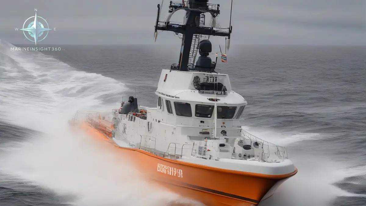 US Coast Guard Sentinel class fast response cutter running at patrol speed through a coastal swell