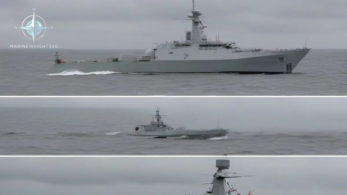 Naval corvette under way in grey open sea, forward gun and lattice radar mast above the bridge