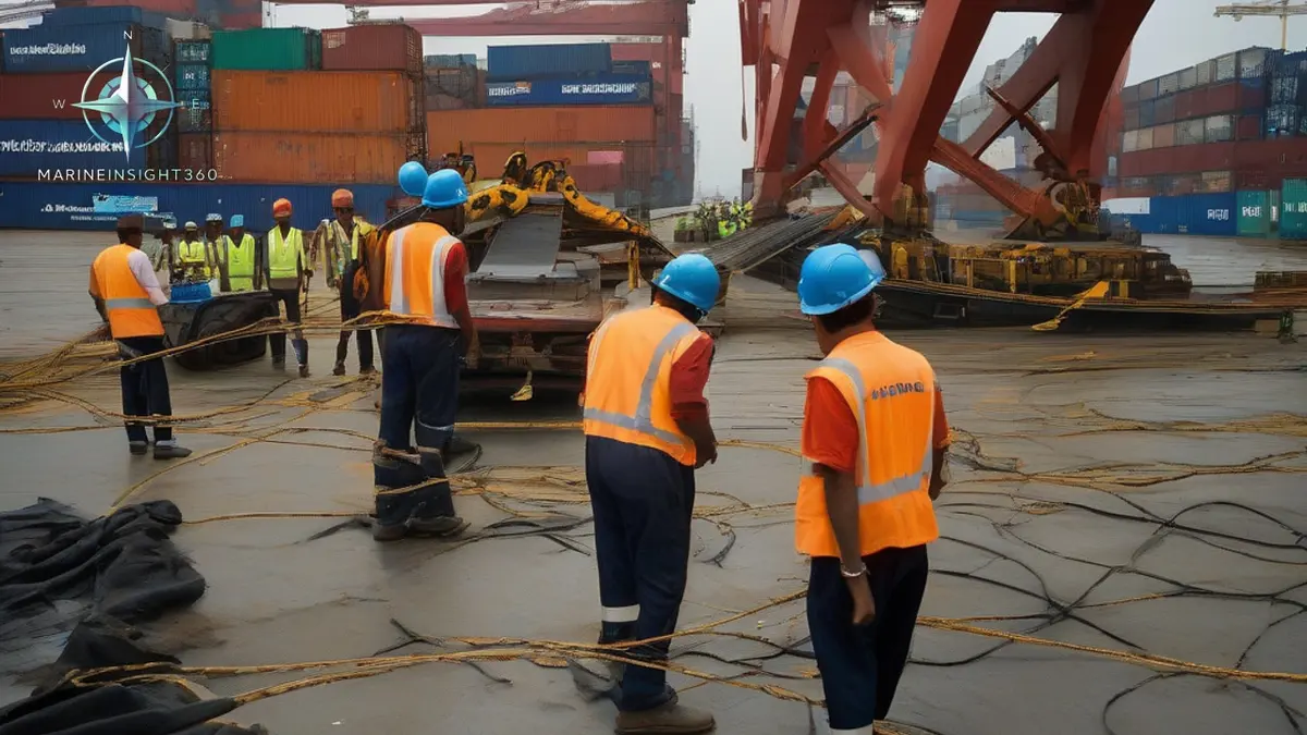 Trailer truck crushed beneath a fallen container under a gantry crane with a parted wire rope