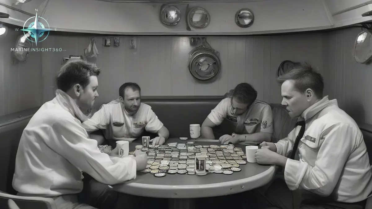 Seafarers seated around a fixed table with mugs in a merchant ship's crew mess at sea