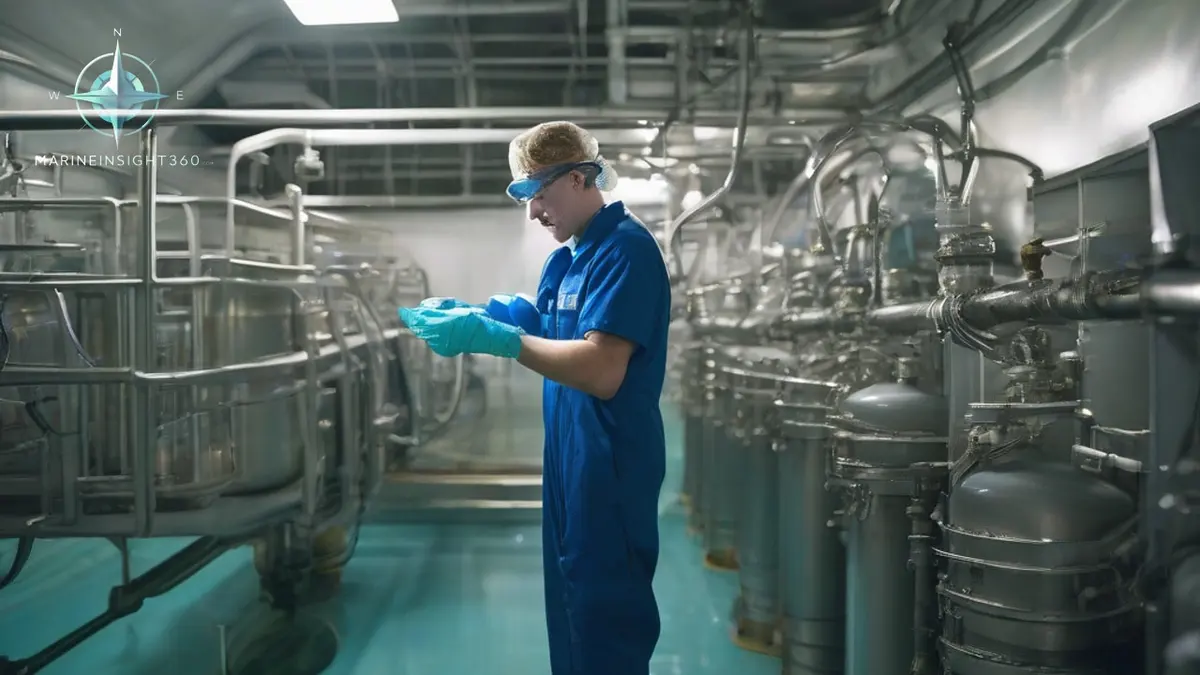 Engineer checking a treated effluent sample beside membrane bioreactor tanks in a cruise ship sewage plant