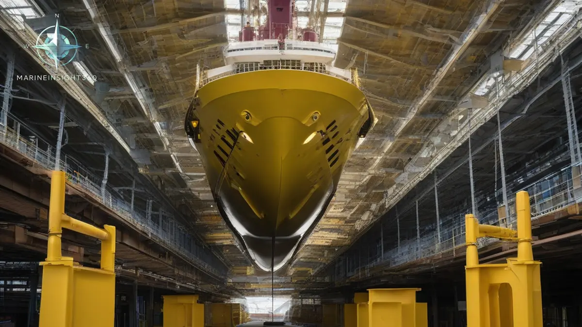 Cruise ship hull blocks under assembly in a covered building dock at a European shipyard