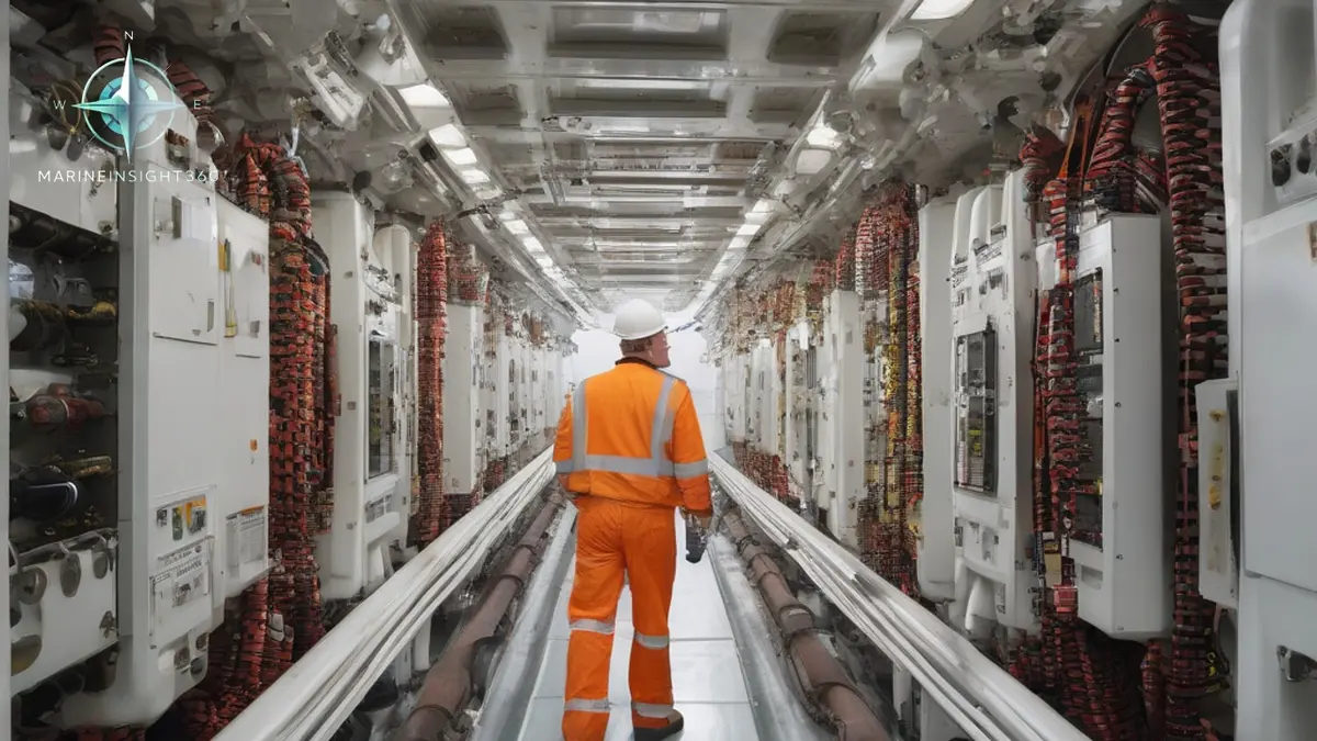 Cruise ship engineer inspecting a diesel generator set from a walkway in the machinery space