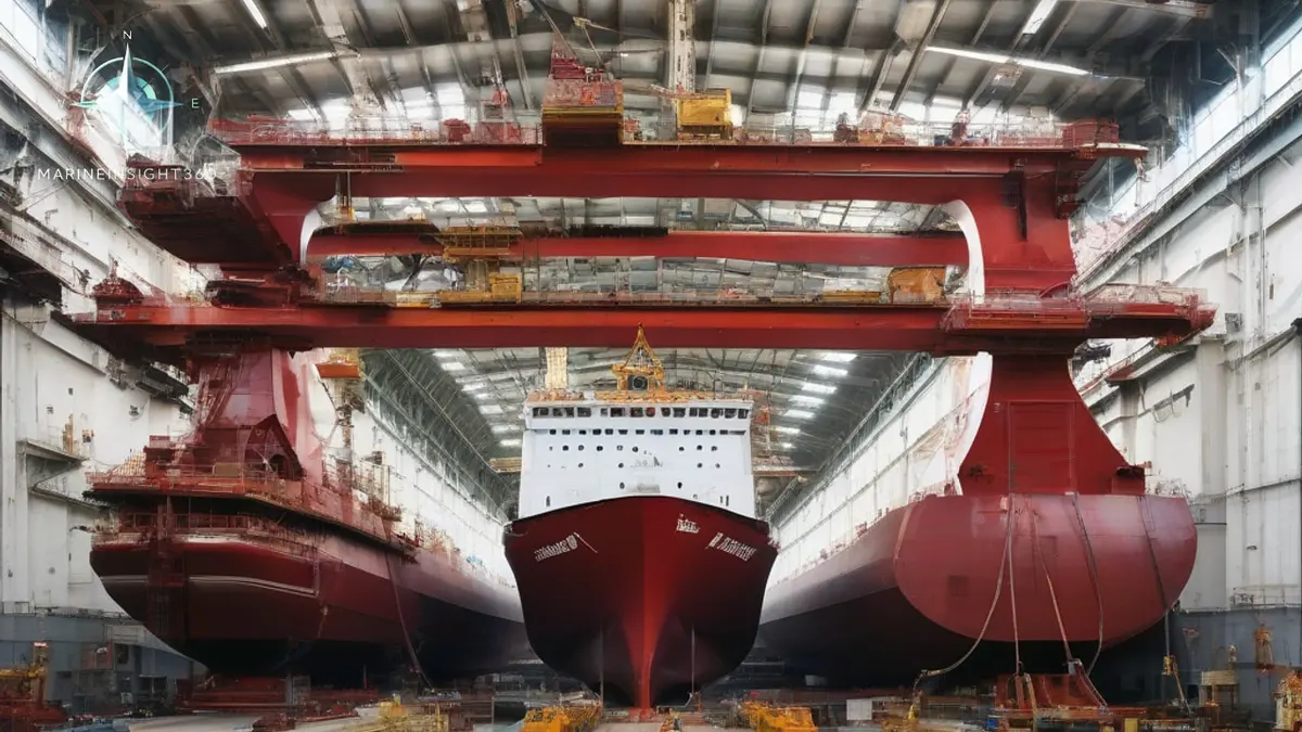 Very large shipbuilding drydock with gantry cranes over a hull on keel blocks