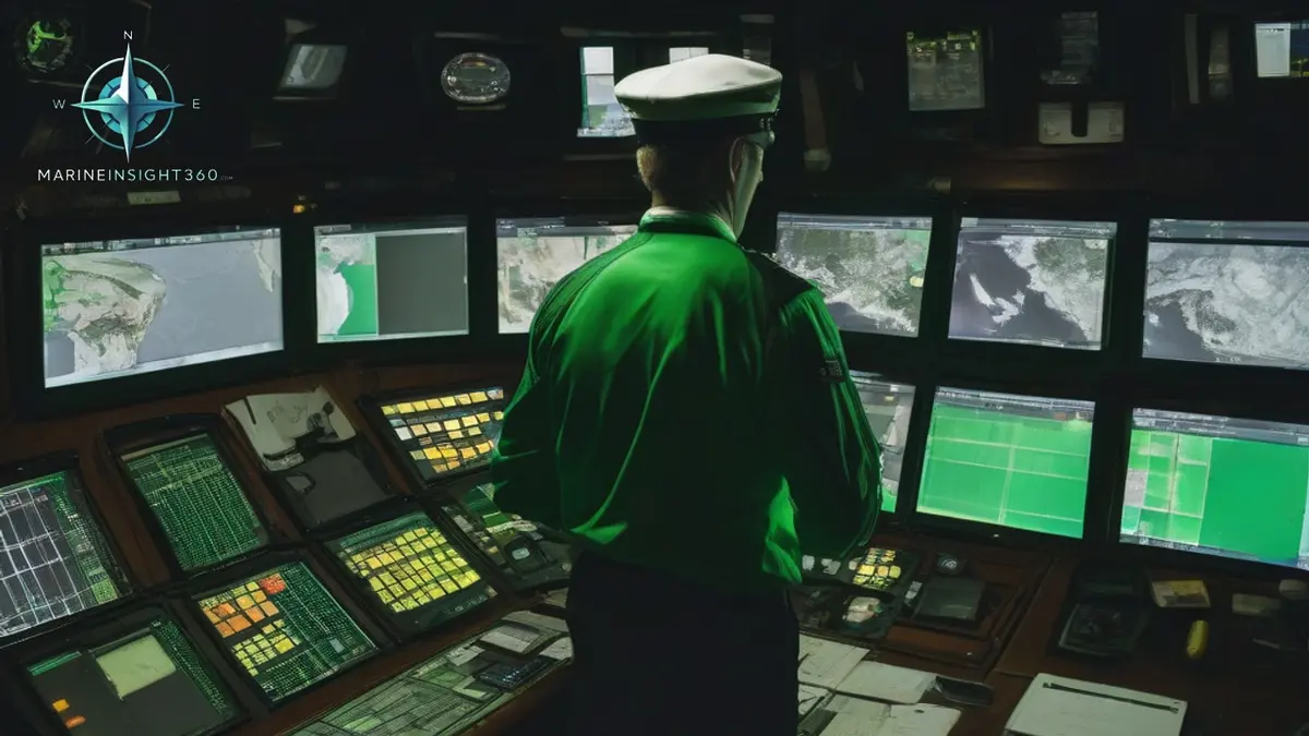 Deck officer at the radar keeping a night navigational watch on a merchant ship's darkened bridge
