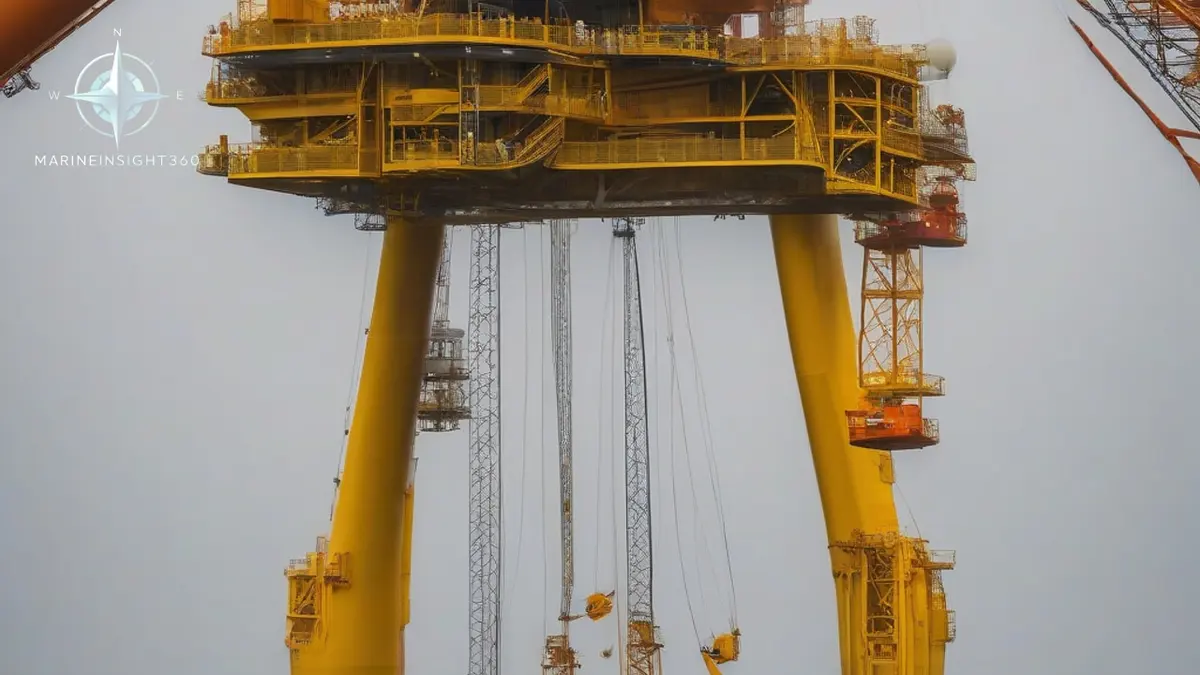 Jack-up vessel upending a yellow monopile foundation into grey North Sea water beside racked transition pieces