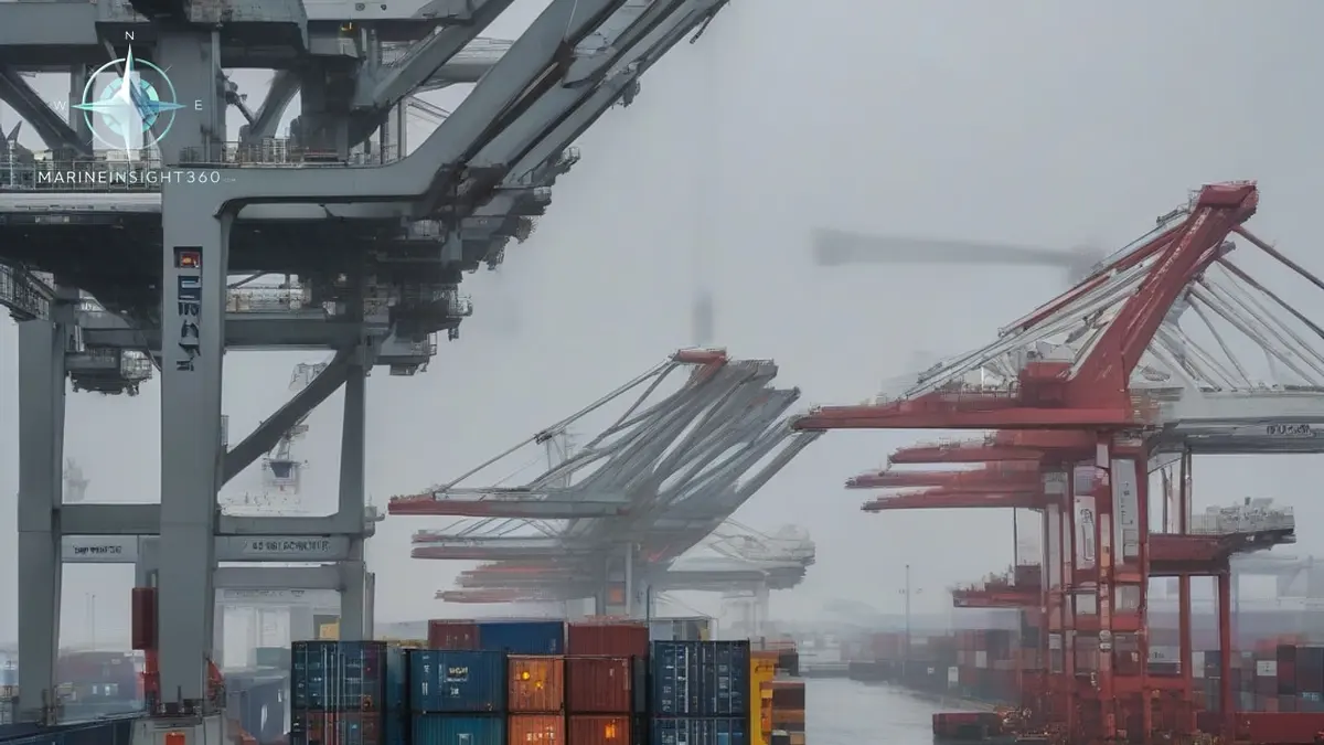 Ship-to-shore gantry cranes working a container ship at a Rotterdam terminal on a grey morning
