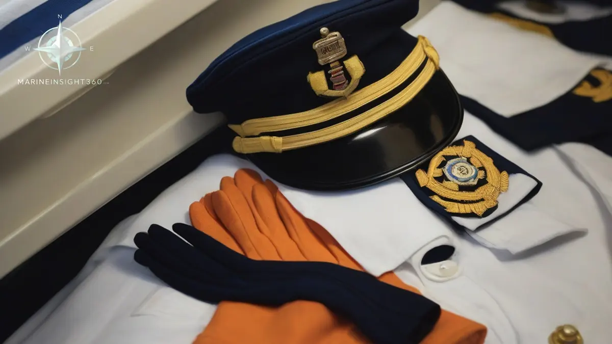 Merchant navy officer's white uniform shirt with gold shoulder boards and cap laid out beside a boiler suit