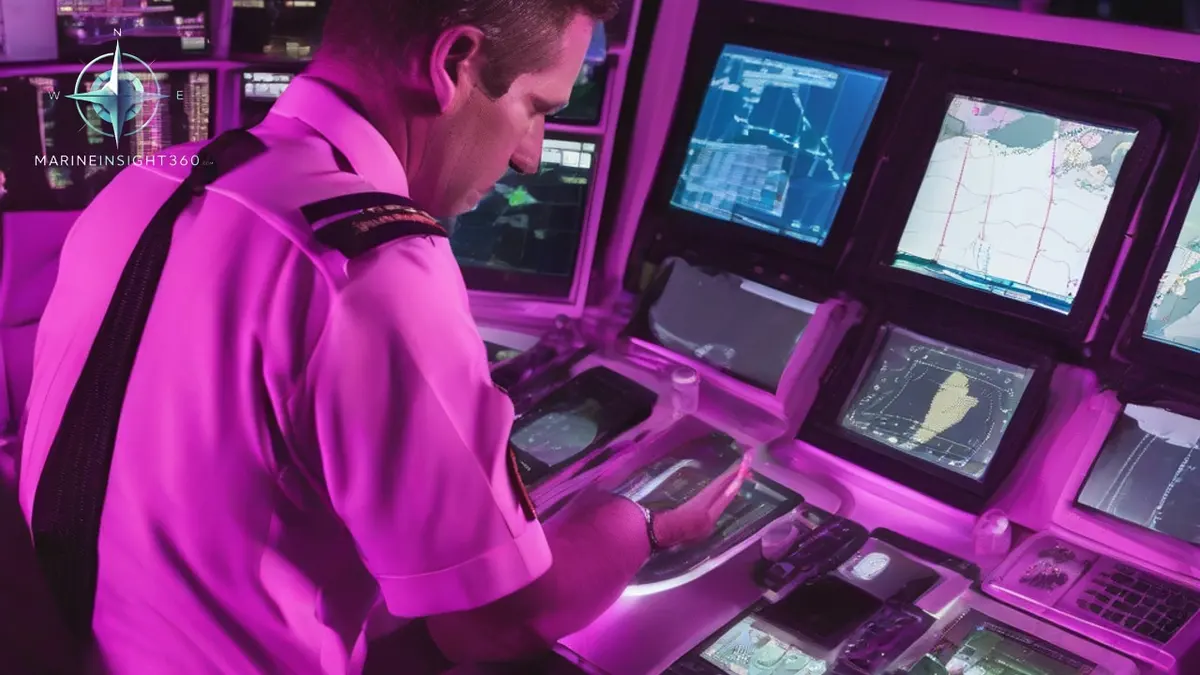 Ship bridge ECDIS screen at night showing a planned route over shaded safety contours