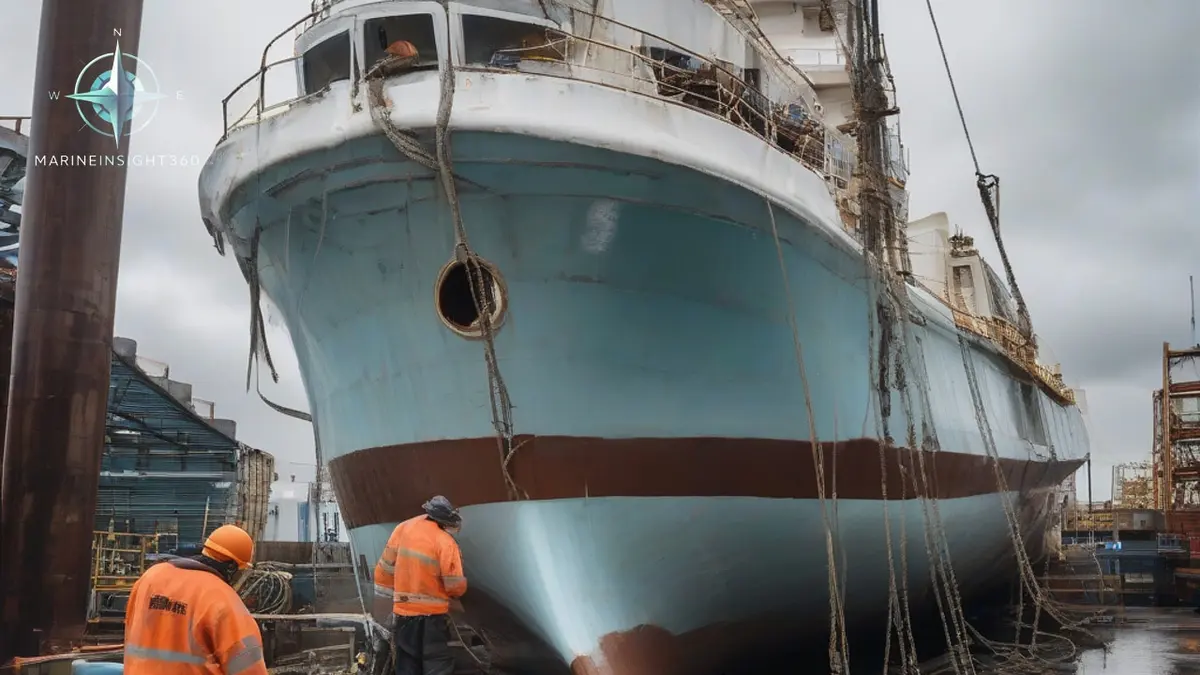 Painters on a platform rolling fresh silicone coating onto a ship's blasted hull in dry dock
