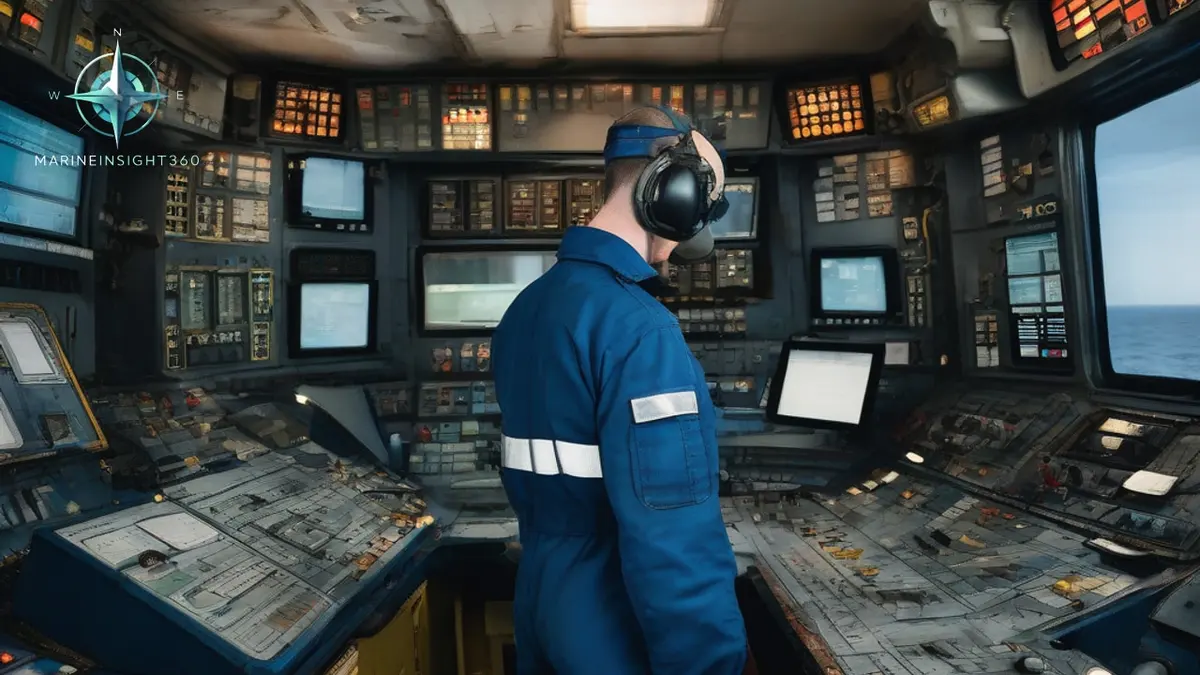 Marine engineering officer at the engine control room console of a cargo ship watching main engine gauges