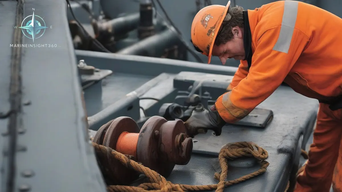 Deckhand in coveralls and hard hat flaking a mooring line on the after deck of a harbor tug
