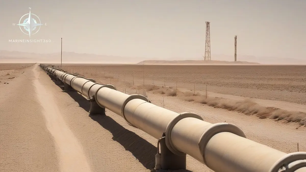 Large-diameter crude export pipeline running across bare Saudi desert towards a distant Red Sea terminal