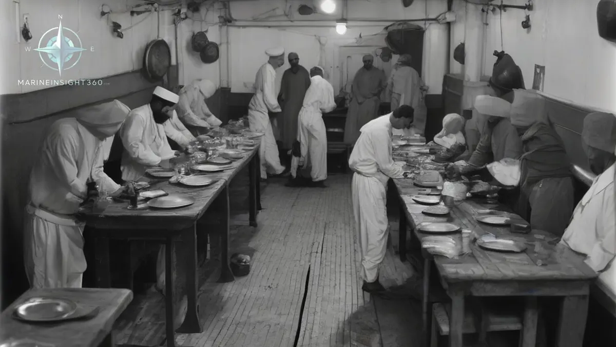 Ship mess room laid out for iftar at sunset during Ramadan with dates, water and folded prayer mats