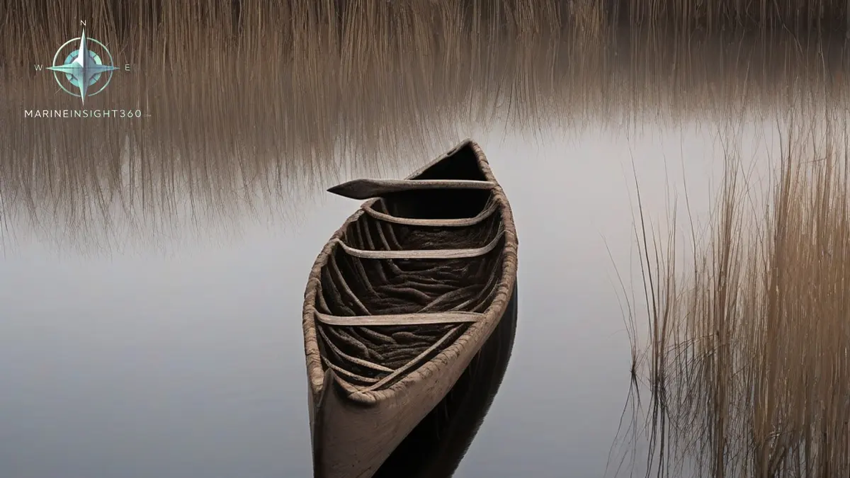 Weathered hollowed log dugout canoe resting on wet sand at a misty reed-fringed lakeshore