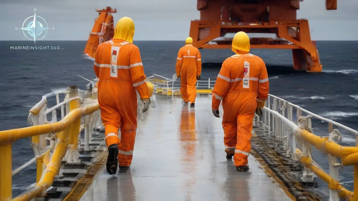 Offshore crew in survival suits crossing a rig helideck toward a waiting helicopter in grey drizzle
