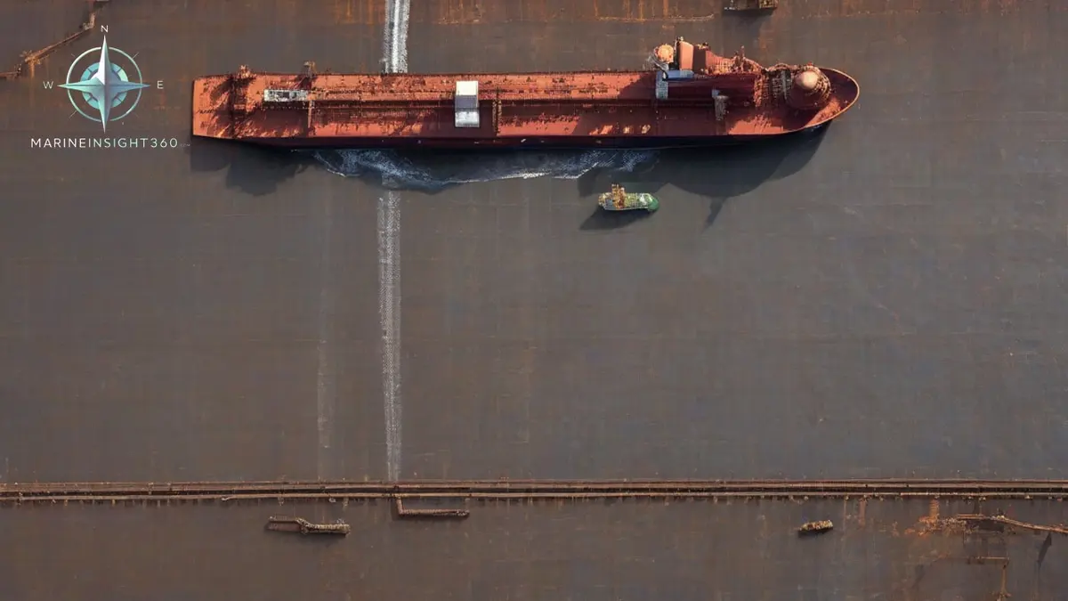 Laden crude oil tanker under way in the Strait of Hormuz with hazy rocky coastline astern
