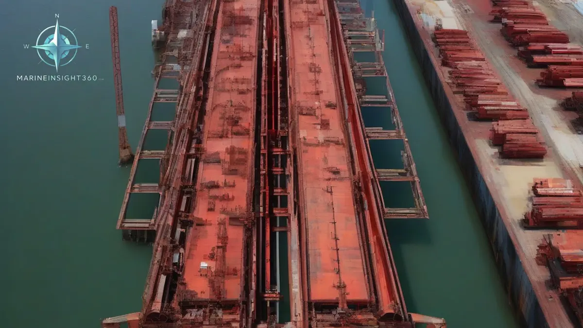 Part-built hull block on keel blocks in a huge shipyard building dock spanned by twin gantry cranes