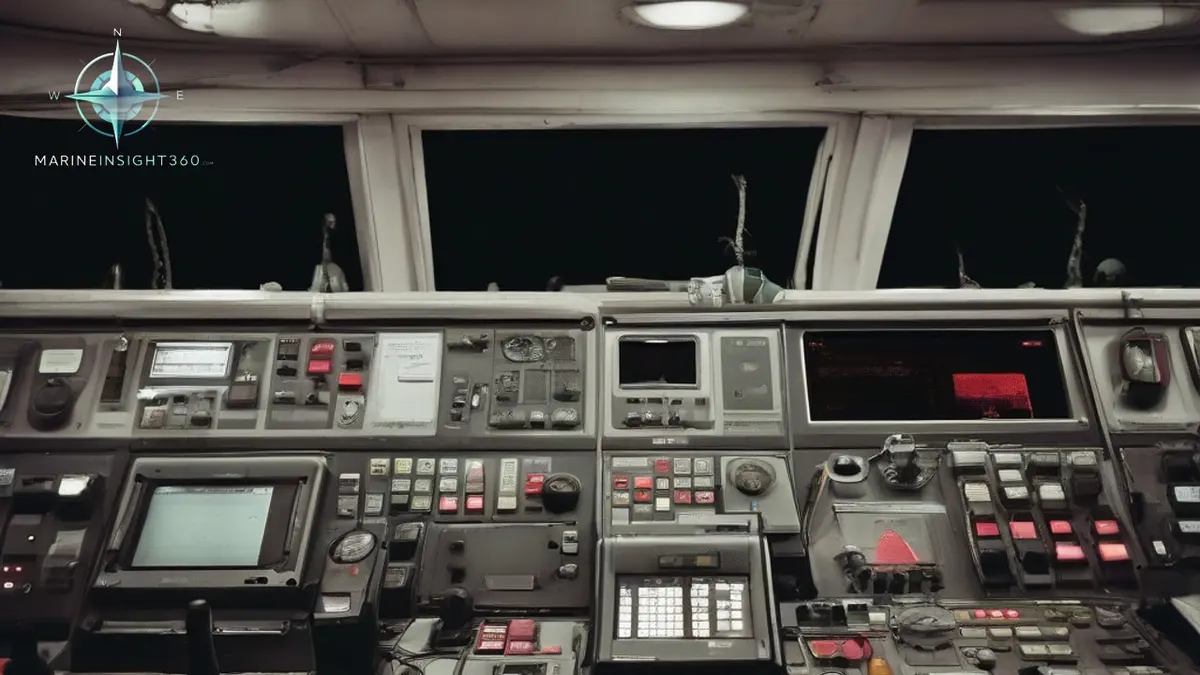 GMDSS radio console on a merchant ship bridge at night with DSC controller and VHF handset