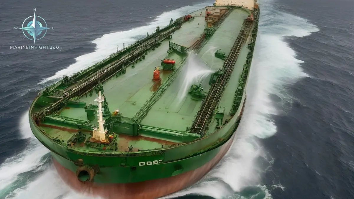 Laden crude tanker in heavy swell off the Cape of Good Hope with spray across the main deck