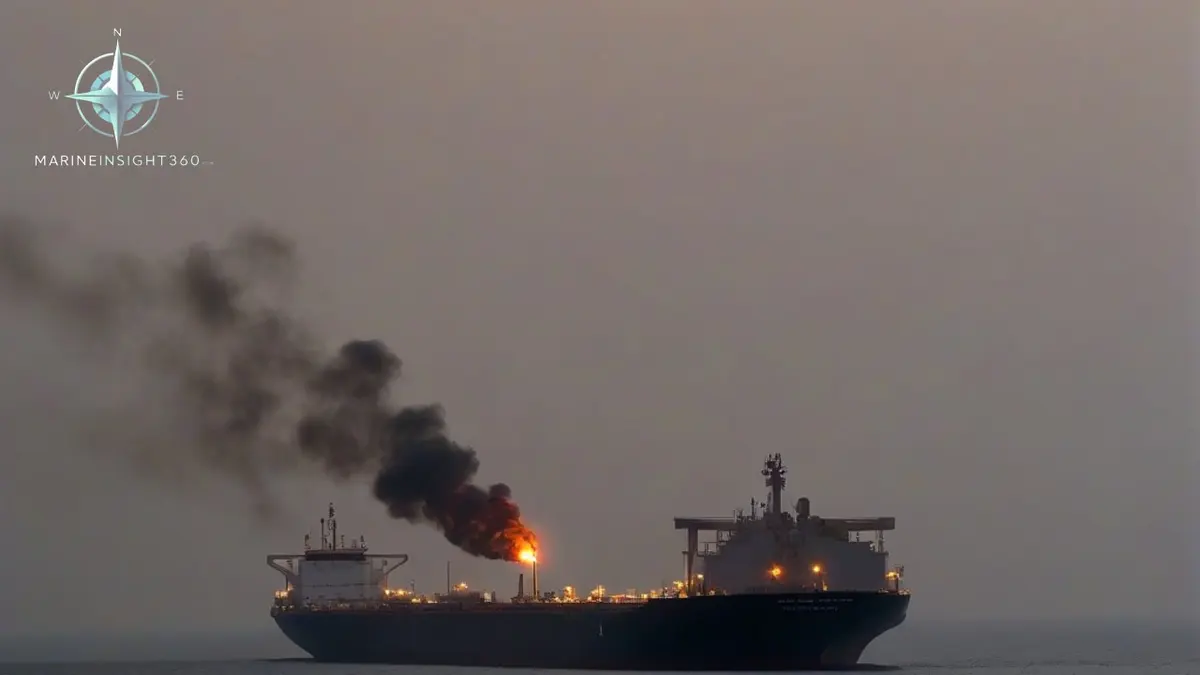 Laden crude tanker in the Strait of Hormuz with smoke rising from a coastal oil terminal behind her