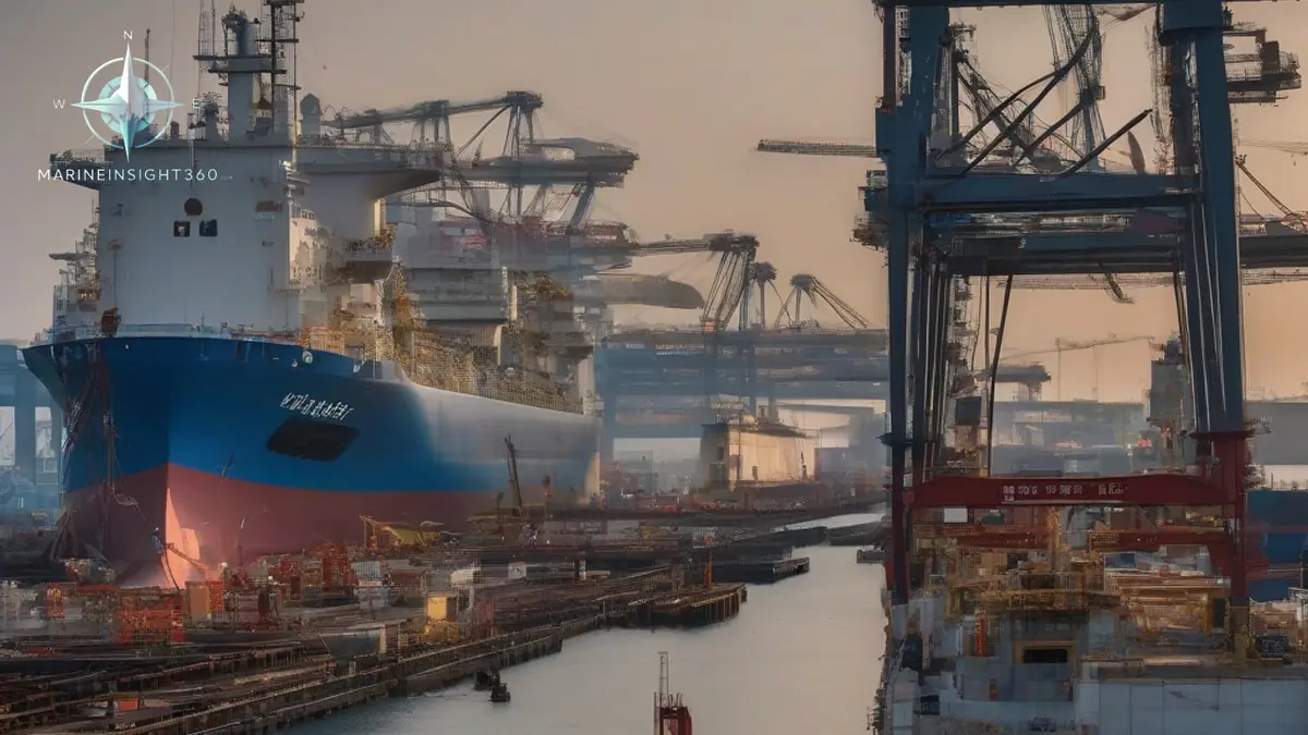 Membrane type LNG carrier fitting out alongside at a South Korean shipyard under gantry cranes