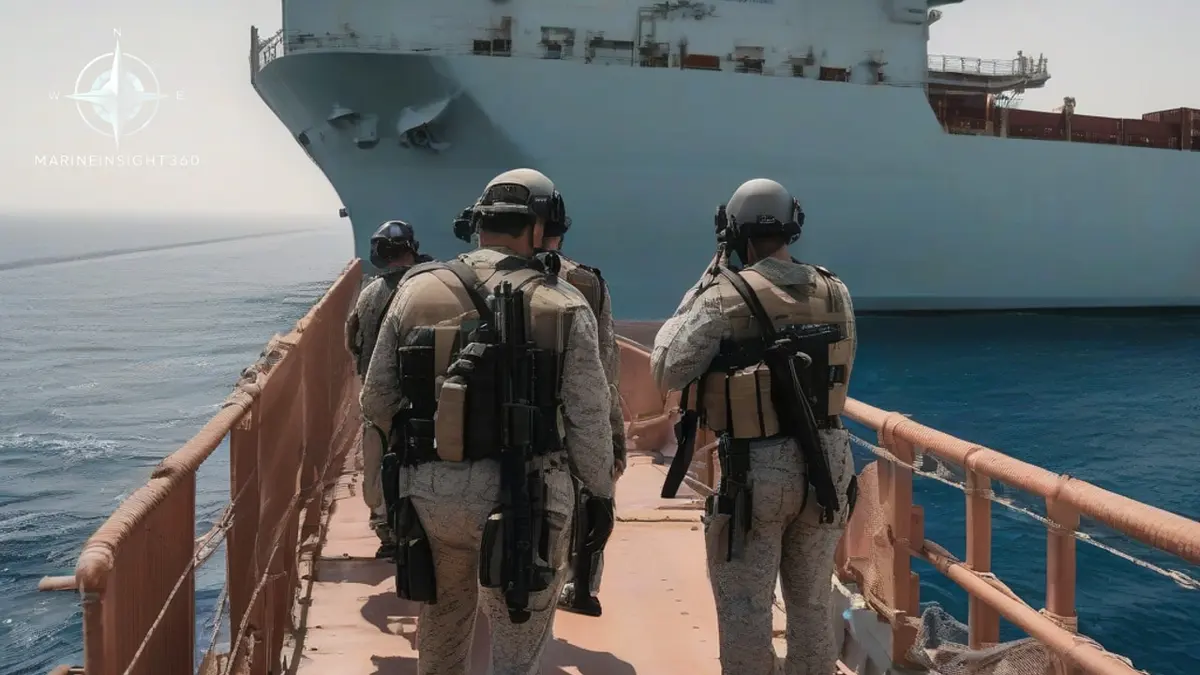 Armed security team scanning the horizon from a container ship's bridge wing in the southern Red Sea