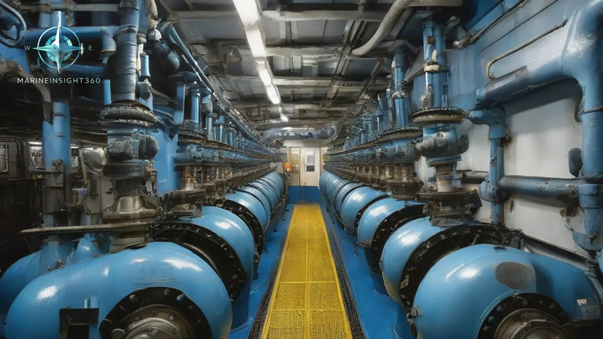 Cylinder heads of a slow-speed marine two-stroke diesel seen from an engine room walkway