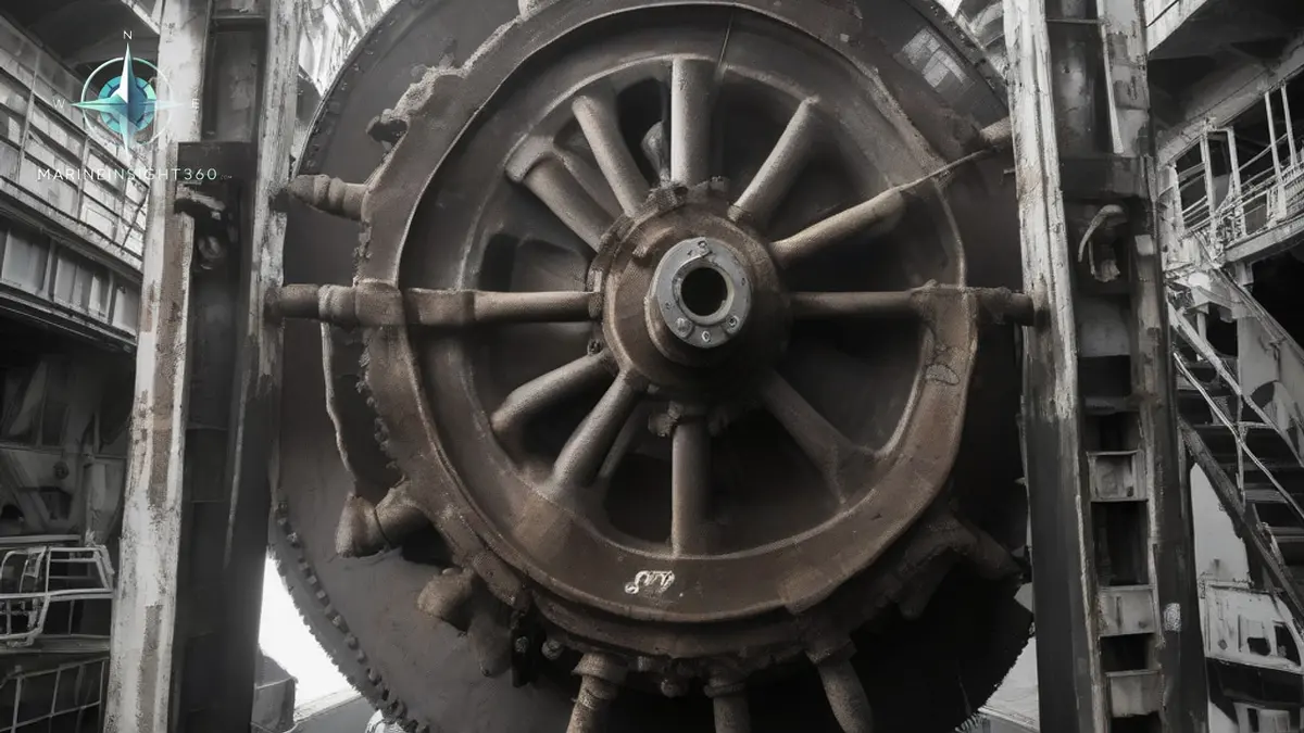 Bronze fixed-pitch propeller and rudder of a cargo ship exposed on the blocks in dry dock